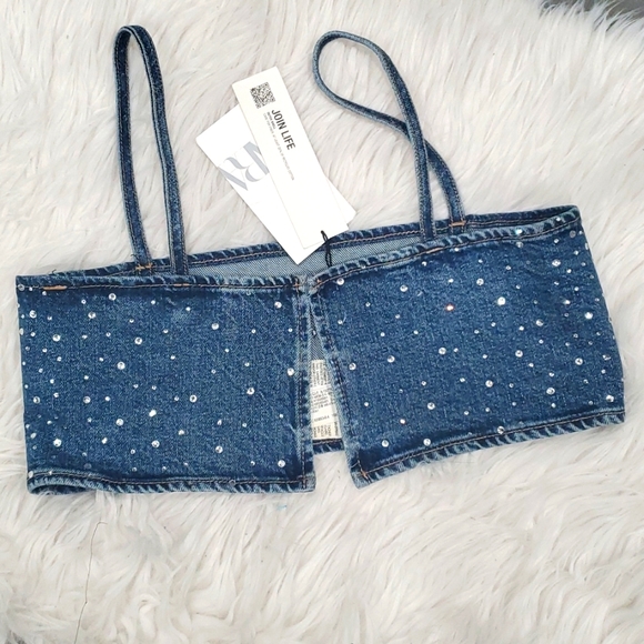 NWT Zara denim rhinestones crop top - Picture 9 of 16